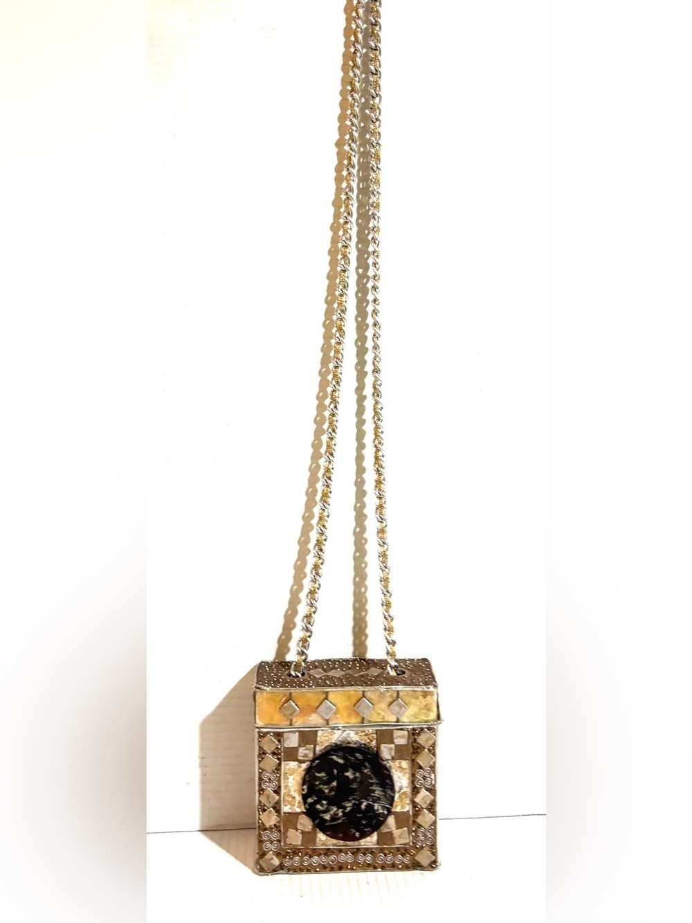 Vintage Embellished Mosaic Box Evening Bag with Chain - Gold & Black Accents